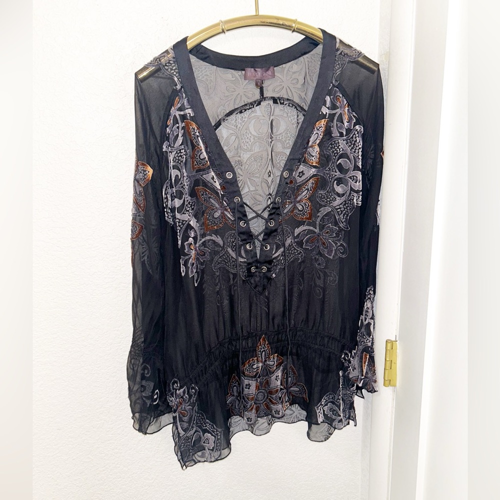 HALE BOB The Silk Velvet Corset neck Pirate Peasant Sheer Tunic Blouse SZ: Small